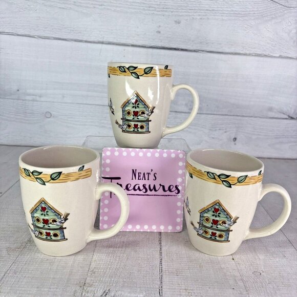 Thomson Pottery BIRDHOUSE 39146 Birds Vines Hearts 12oz 4" Tall Mug Cup Set 3 - Picture 3 of 16